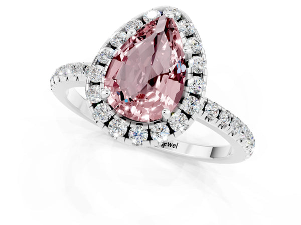 White gold Pear Cut Cut Diamond Floral Halo Engagement Ring with Pavé Band and Prong Setting