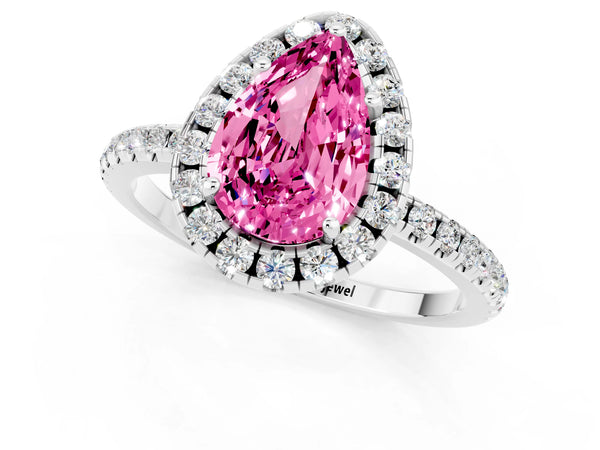 Platinum Pear Cut Cut Diamond Floral Halo Engagement Ring with Pavé Band and Prong Setting
