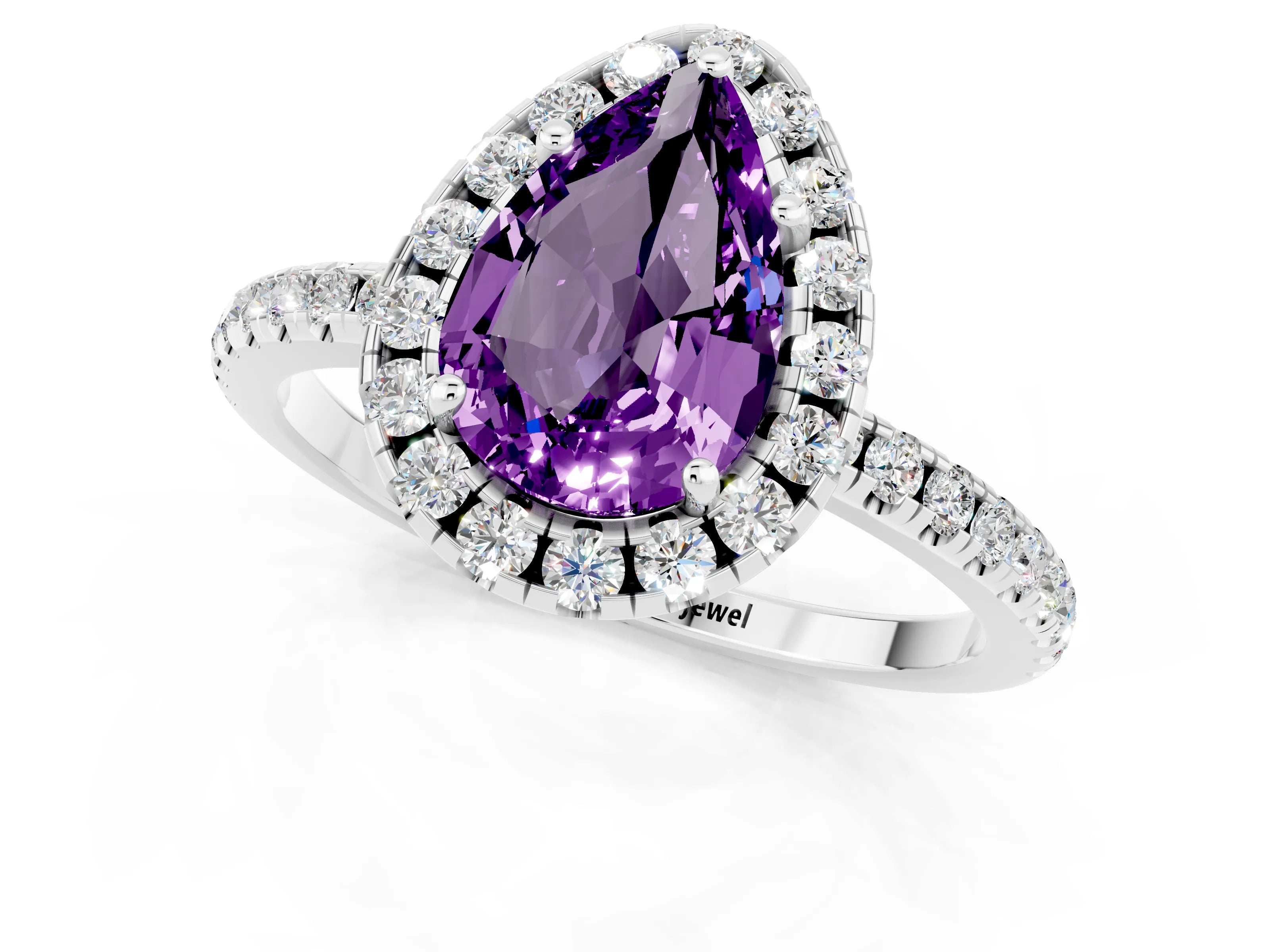 White gold Pear Cut Cut Diamond Floral Halo Engagement Ring with Pavé Band and Prong Setting_1