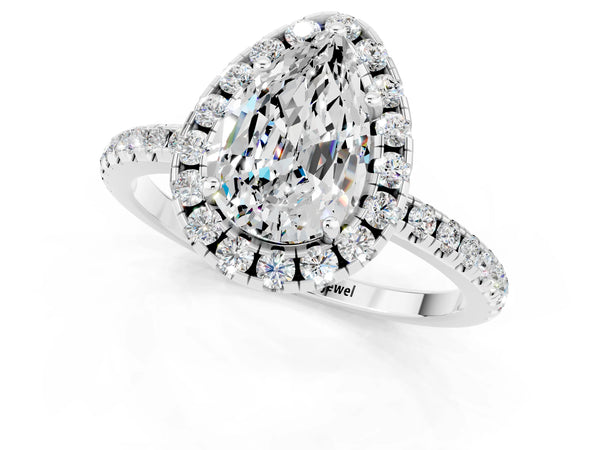 White gold Pear Cut Moissanite Halo Engagement Ring with Round Pavé Band and Prong Setting