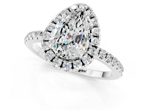 White gold Pear Cut Cut Diamond Floral Halo Engagement Ring with Pavé Band and Prong Setting_1