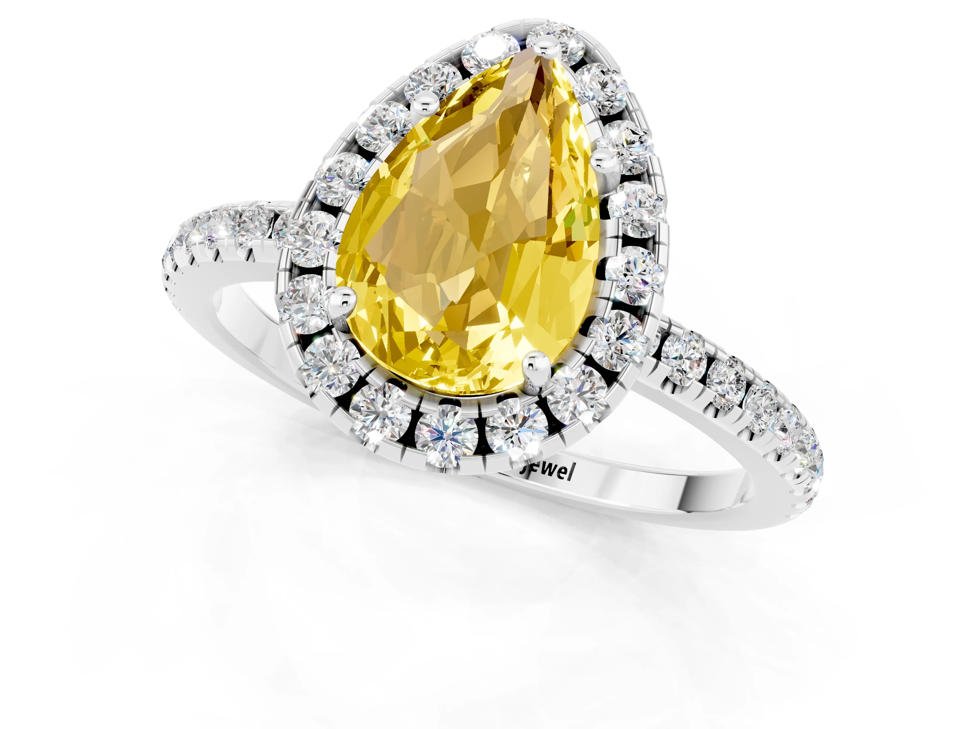 White gold Pear Cut Cut Diamond Floral Halo Engagement Ring with Pavé Band and Prong Setting_1