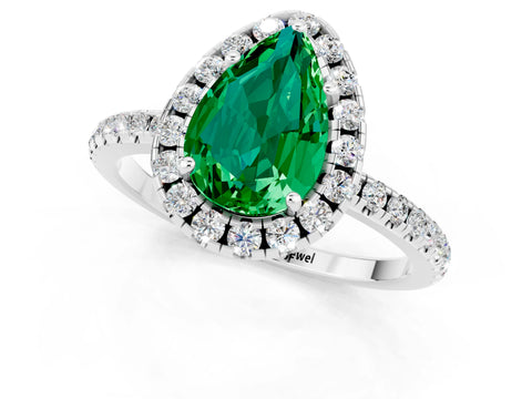White gold Pear Cut Cut Diamond Floral Halo Engagement Ring with Pavé Band and Prong Setting_1