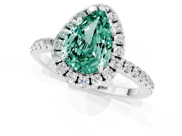 Silver Pear Cut Green Sapphire Halo Engagement Ring with Round Pavé Band and Prong Setting