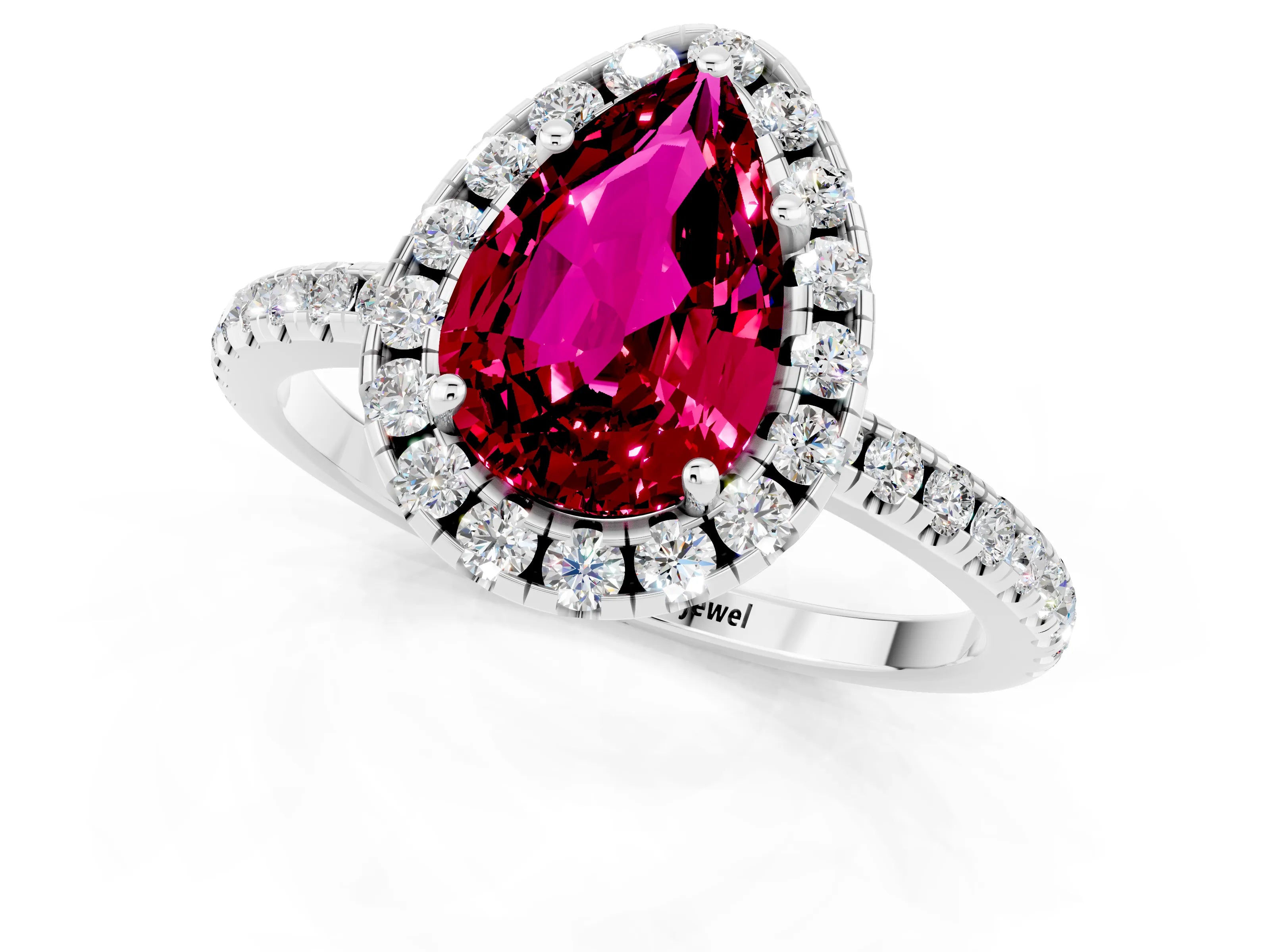White gold Pear Cut Cut Diamond Floral Halo Engagement Ring with Pavé Band and Prong Setting_1
