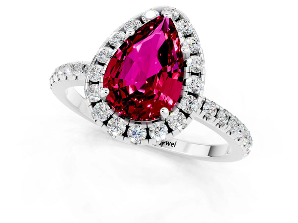 White gold Pear Cut Garnet Halo Engagement Ring with Round Pavé Band and Prong Setting