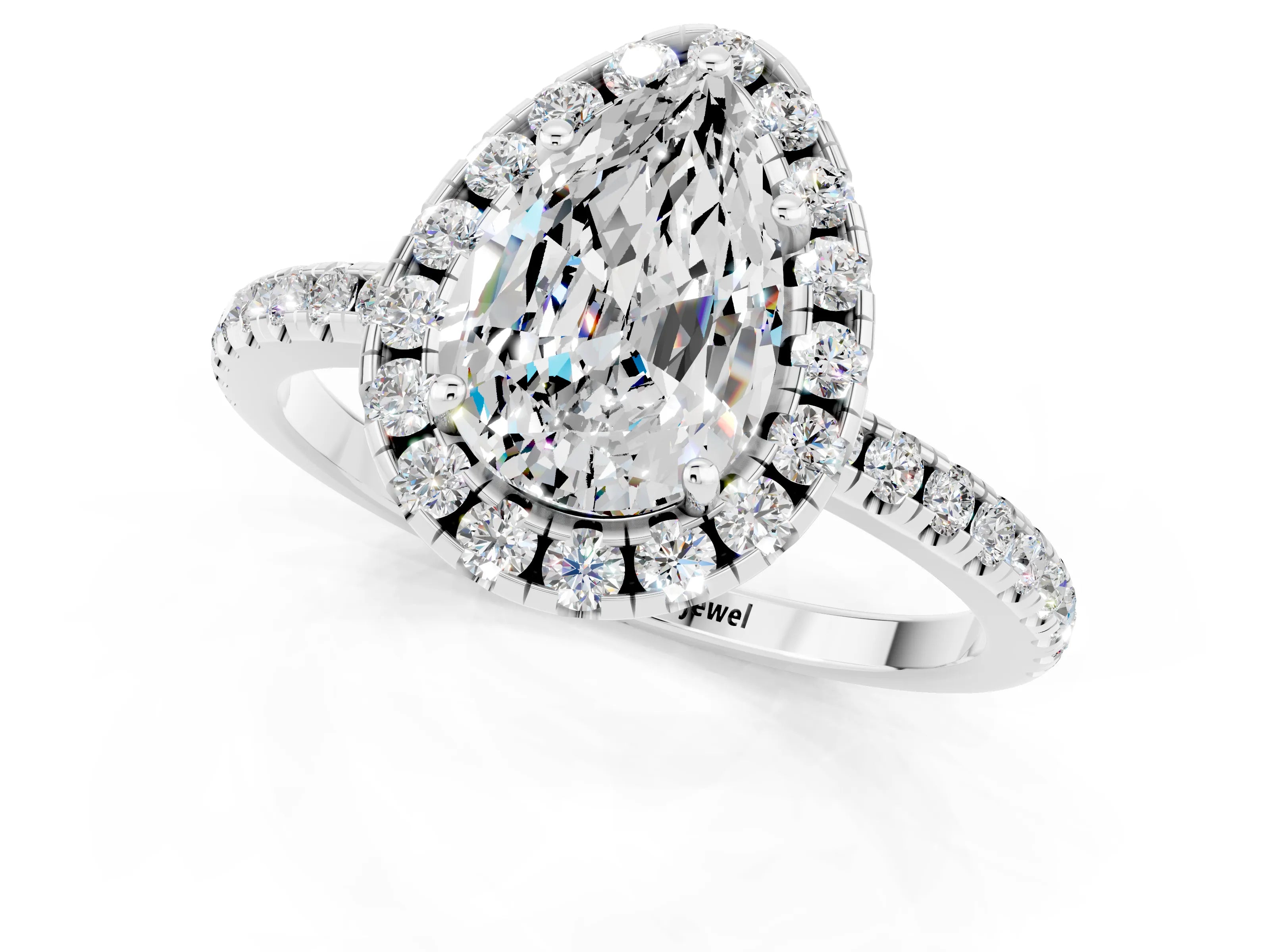 White gold Pear Cut Cut Diamond Floral Halo Engagement Ring with Pavé Band and Prong Setting_1
