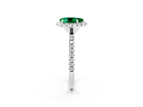 Platinum Pear Cut Emerald Halo Engagement Ring with Round Pavé Band and Prong Setting
