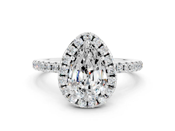 Platinum Pear Cut Moissanite Halo Engagement Ring with Round Pavé Band and Prong Setting