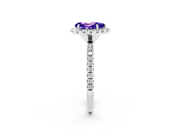 Silver Pear Cut Tanzanite Halo Engagement Ring with Round Pavé Band and Prong Setting