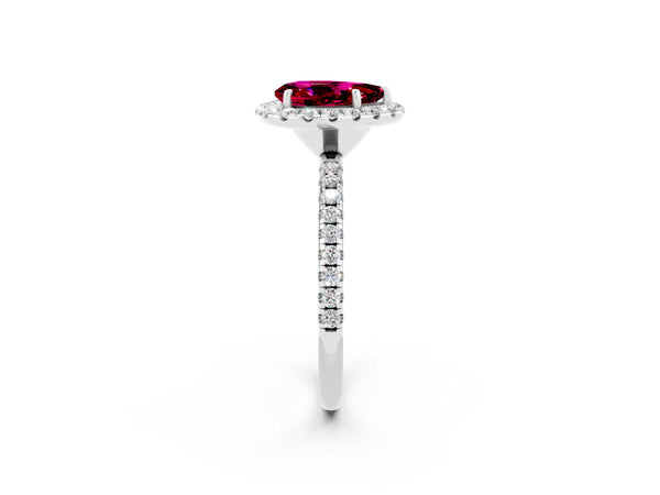 Silver Pear Cut Garnet Halo Engagement Ring with Round Pavé Band and Prong Setting