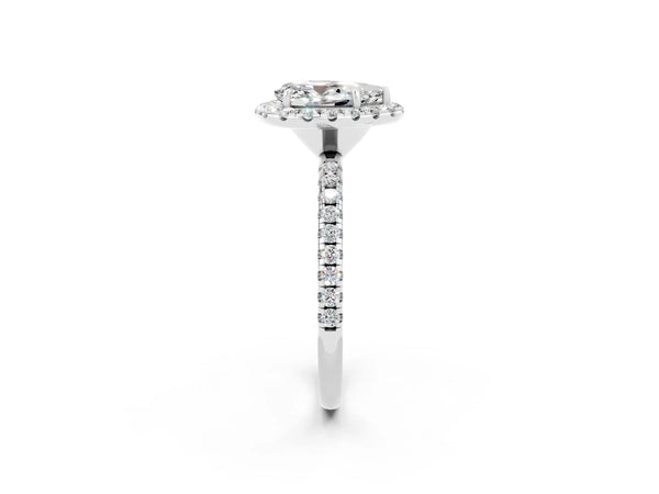 Platinum Pear Cut Moissanite Halo Engagement Ring with Round Pavé Band and Prong Setting