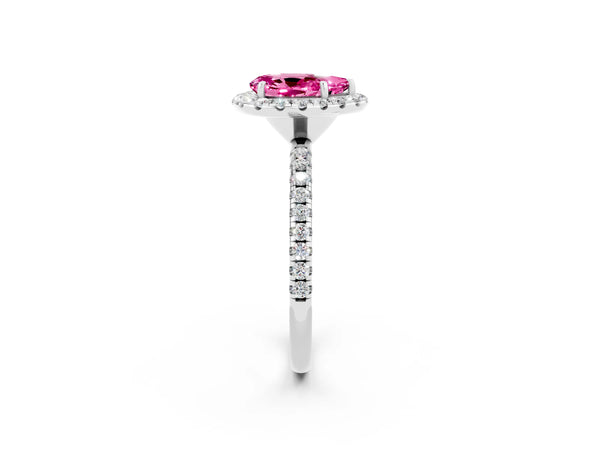 Platinum Pear Cut Cut Diamond Floral Halo Engagement Ring with Pavé Band and Prong Setting