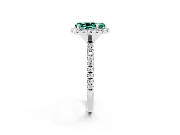 Platinum Pear Cut Green Sapphire Halo Engagement Ring with Round Pavé Band and Prong Setting