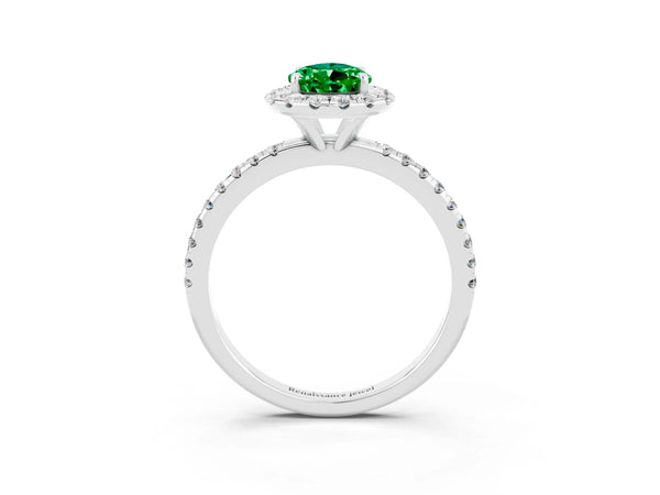 Platinum Pear Cut Emerald Halo Engagement Ring with Round Pavé Band and Prong Setting