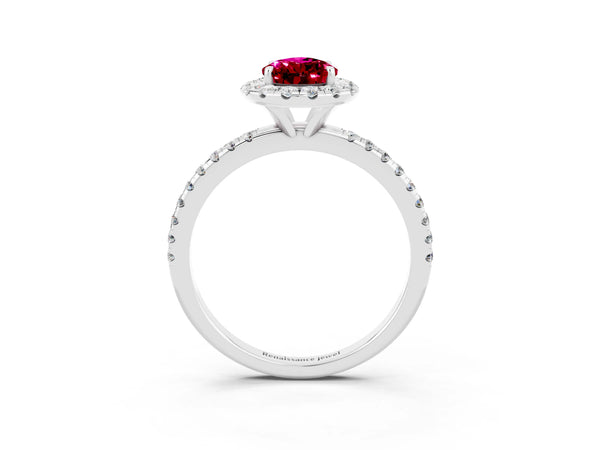 White gold Pear Cut Garnet Halo Engagement Ring with Round Pavé Band and Prong Setting