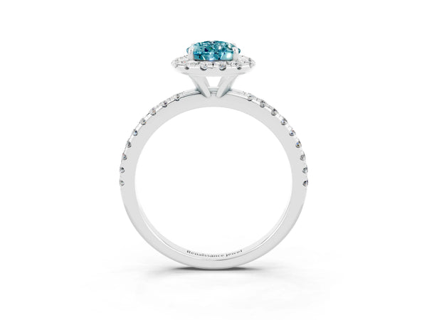 White gold Pear Cut Cut Diamond Floral Halo Engagement Ring with Pavé Band and Prong Setting