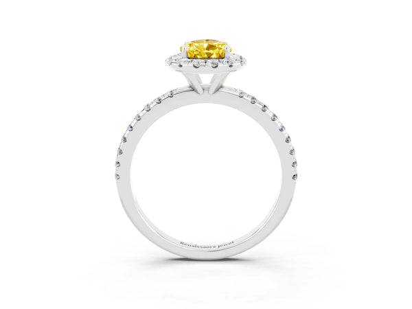 Platinum Pear Cut Yellow Sapphire Halo Engagement Ring with Round Pavé Band and Prong Setting