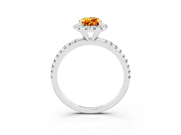 White gold Pear Cut Citrine Halo Engagement Ring with Round Pavé Band and Prong Setting