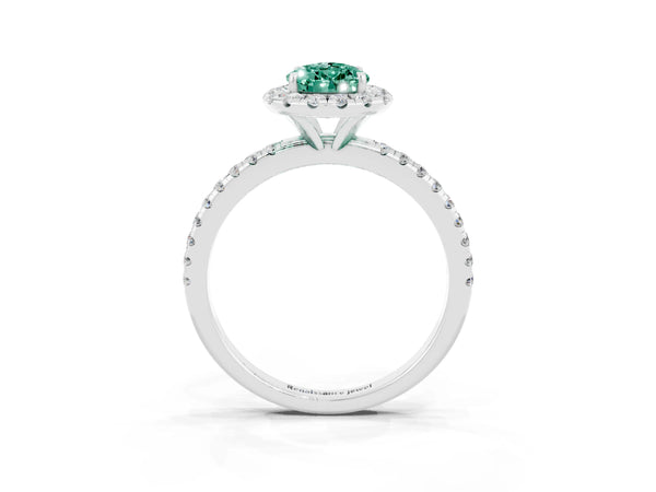 Silver Pear Cut Green Sapphire Halo Engagement Ring with Round Pavé Band and Prong Setting