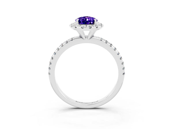 Silver Pear Cut Tanzanite Halo Engagement Ring with Round Pavé Band and Prong Setting