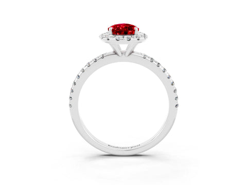 White gold Pear Cut Cut Diamond Floral Halo Engagement Ring with Pavé Band and Prong Setting_3