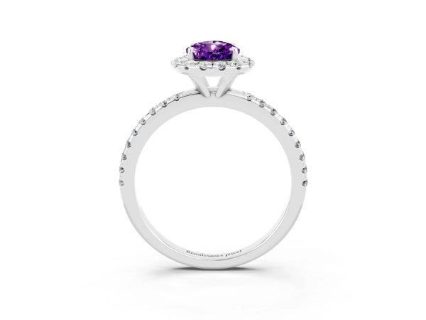 Platinum Pear Cut Cut Diamond Floral Halo Engagement Ring with Pavé Band and Prong Setting