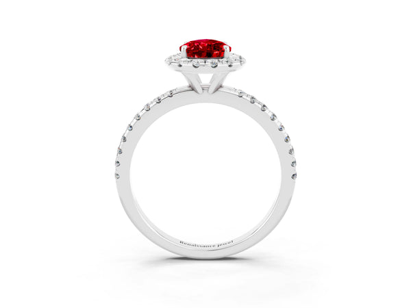 Platinum Pear Cut Cut Diamond Floral Halo Engagement Ring with Pavé Band and Prong Setting