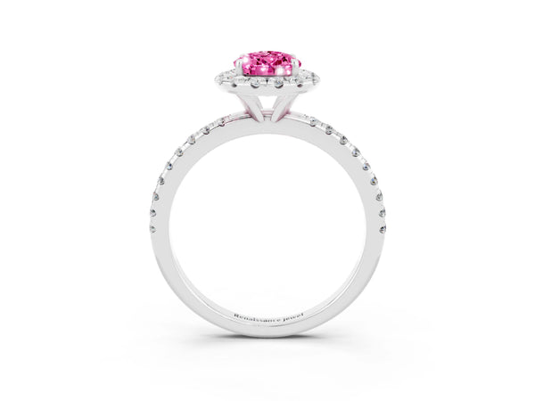 Platinum Pear Cut Cut Diamond Floral Halo Engagement Ring with Pavé Band and Prong Setting