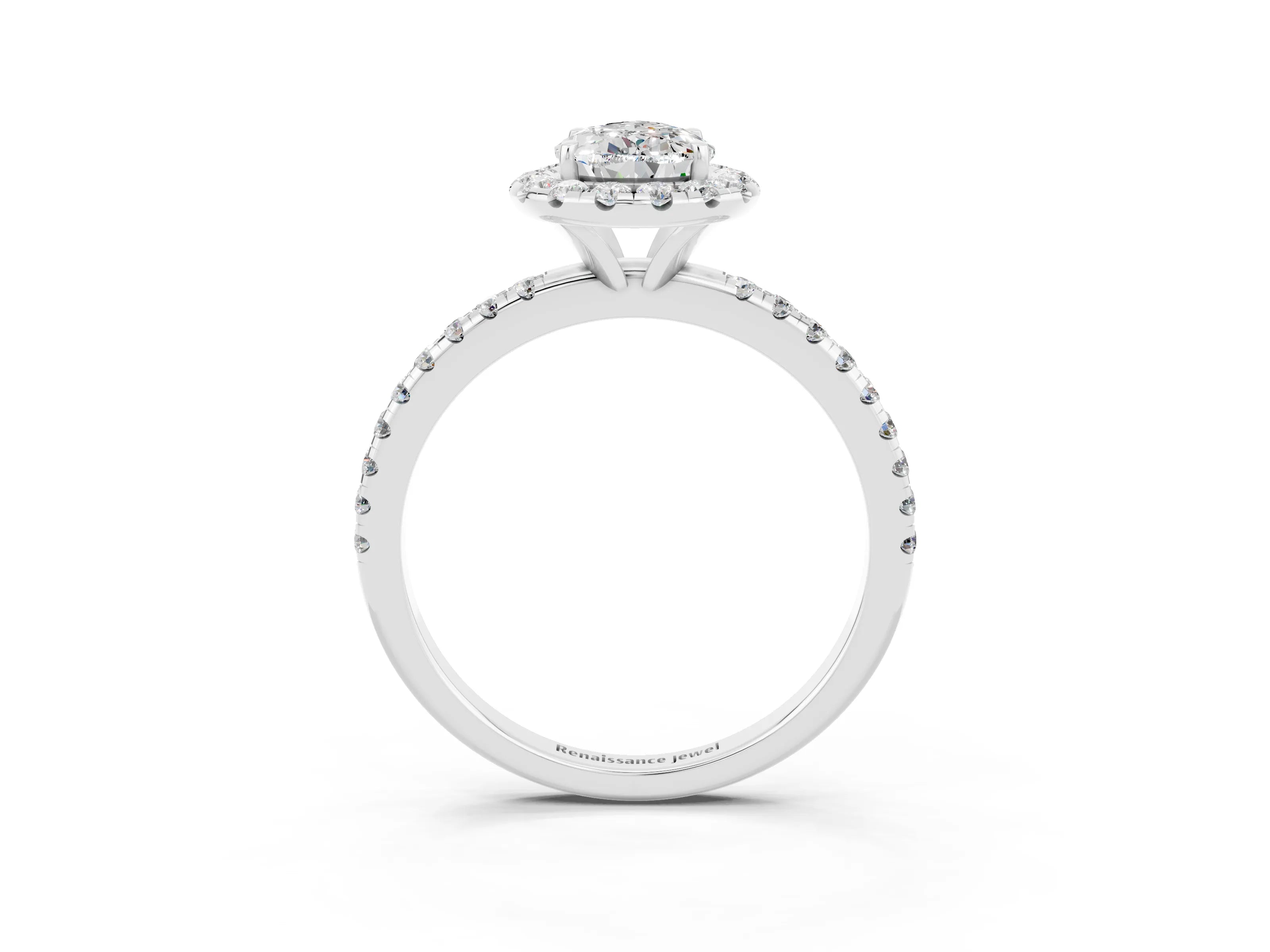 White gold Pear Cut Cut Diamond Floral Halo Engagement Ring with Pavé Band and Prong Setting_3