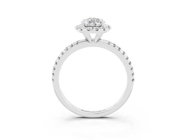 Platinum Pear Cut Moissanite Halo Engagement Ring with Round Pavé Band and Prong Setting