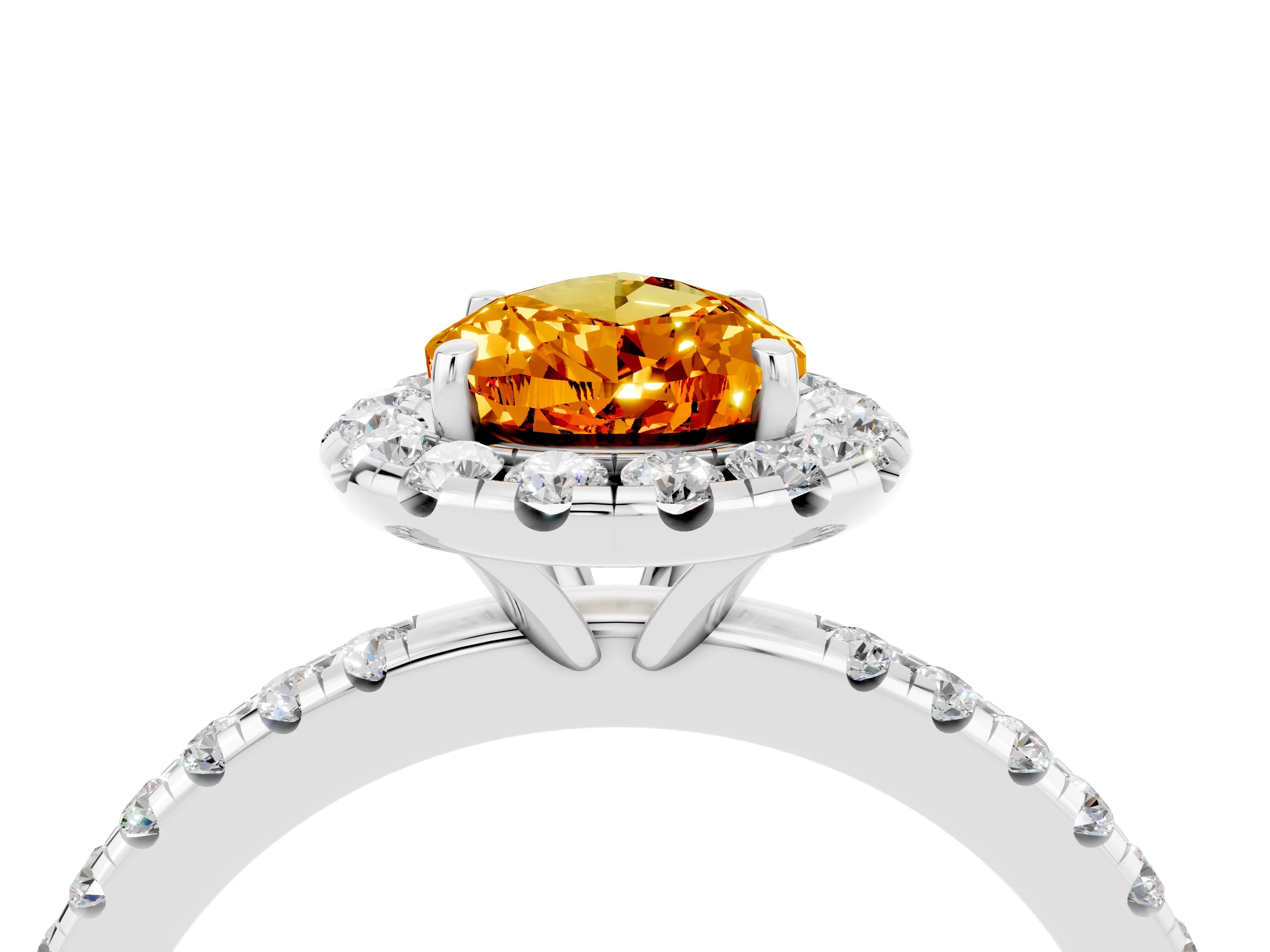 White gold Pear Cut Cut Diamond Floral Halo Engagement Ring with Pavé Band and Prong Setting_4