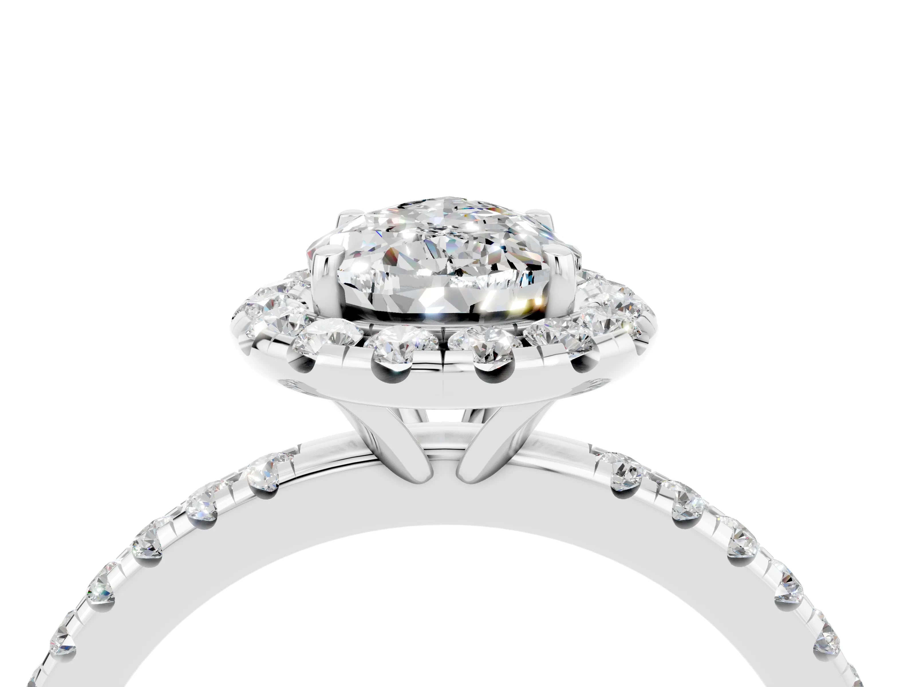 White gold Pear Cut Cut Diamond Floral Halo Engagement Ring with Pavé Band and Prong Setting_4