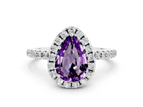 White gold Pear Cut Cut Diamond Floral Halo Engagement Ring with Pavé Band and Prong Setting