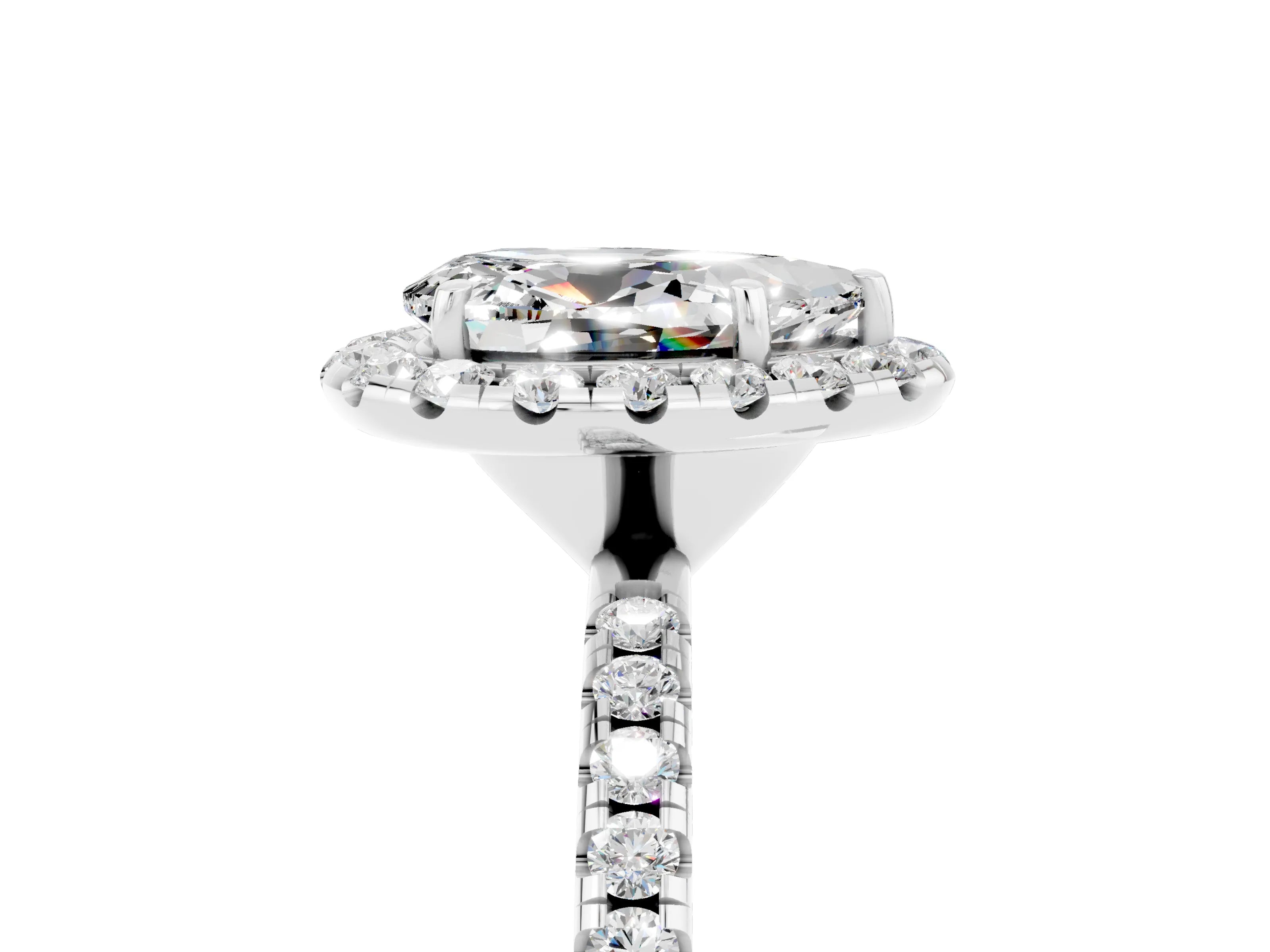 White gold Pear Cut Cut Diamond Floral Halo Engagement Ring with Pavé Band and Prong Setting_5