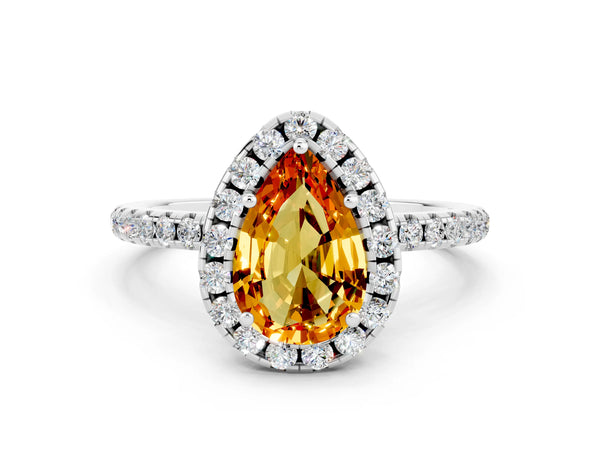 Silver Pear Cut Citrine Halo Engagement Ring with Round Pavé Band and Prong Setting
