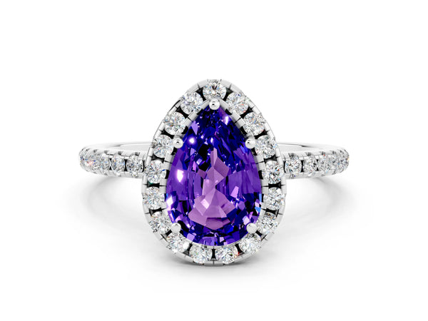 Silver Pear Cut Tanzanite Halo Engagement Ring with Round Pavé Band and Prong Setting