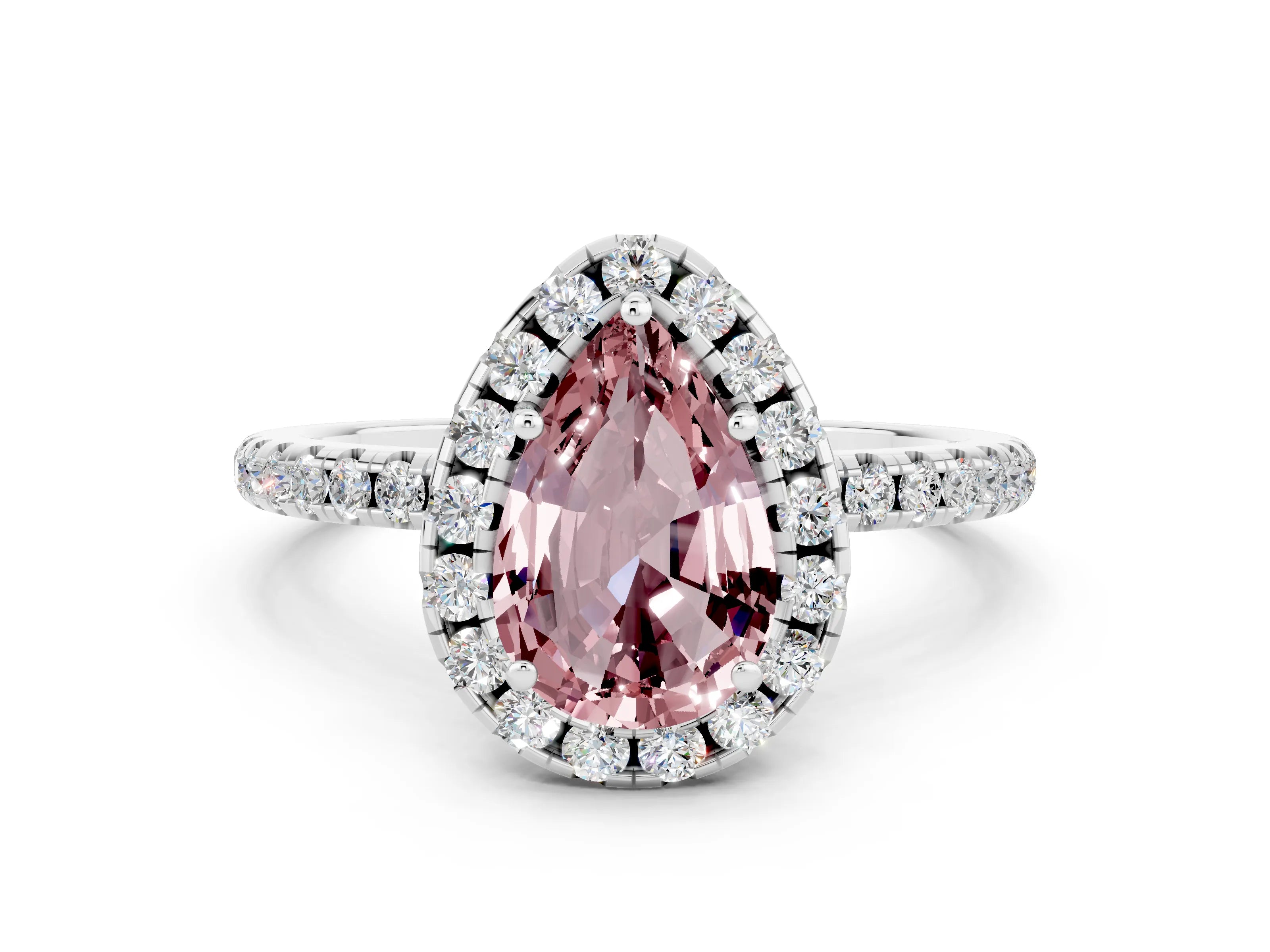 White gold Pear Cut Cut Diamond Floral Halo Engagement Ring with Pavé Band and Prong Setting