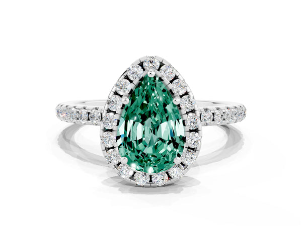 Silver Pear Cut Green Sapphire Halo Engagement Ring with Round Pavé Band and Prong Setting