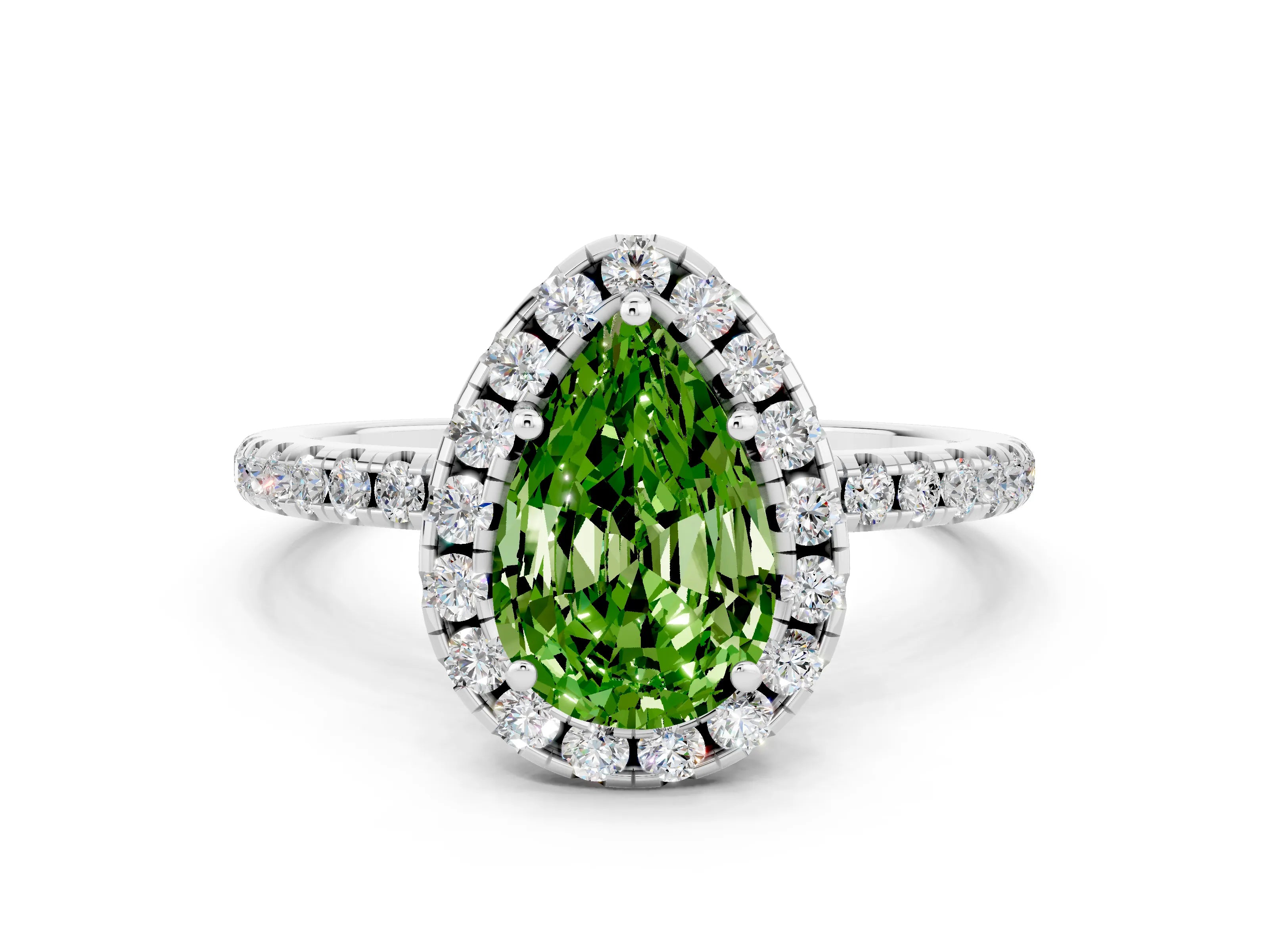White gold Pear Cut Cut Diamond Floral Halo Engagement Ring with Pavé Band and Prong Setting