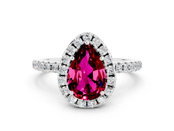 White gold Pear Cut Garnet Halo Engagement Ring with Round Pavé Band and Prong Setting
