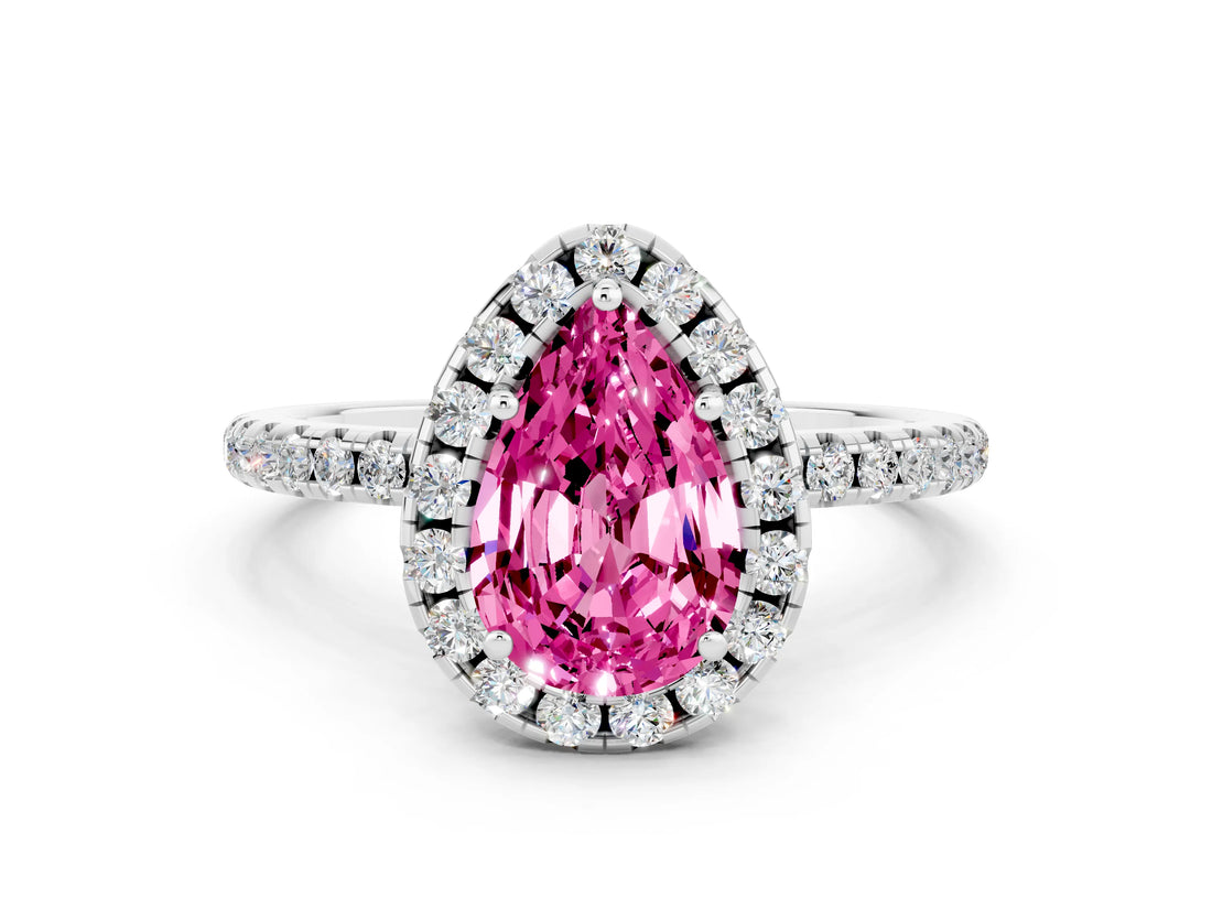 White gold Pear Cut Cut Diamond Floral Halo Engagement Ring with Pavé Band and Prong Setting