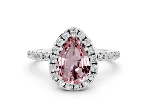 White gold Pear Cut Cut Diamond Floral Halo Engagement Ring with Pavé Band and Prong Setting