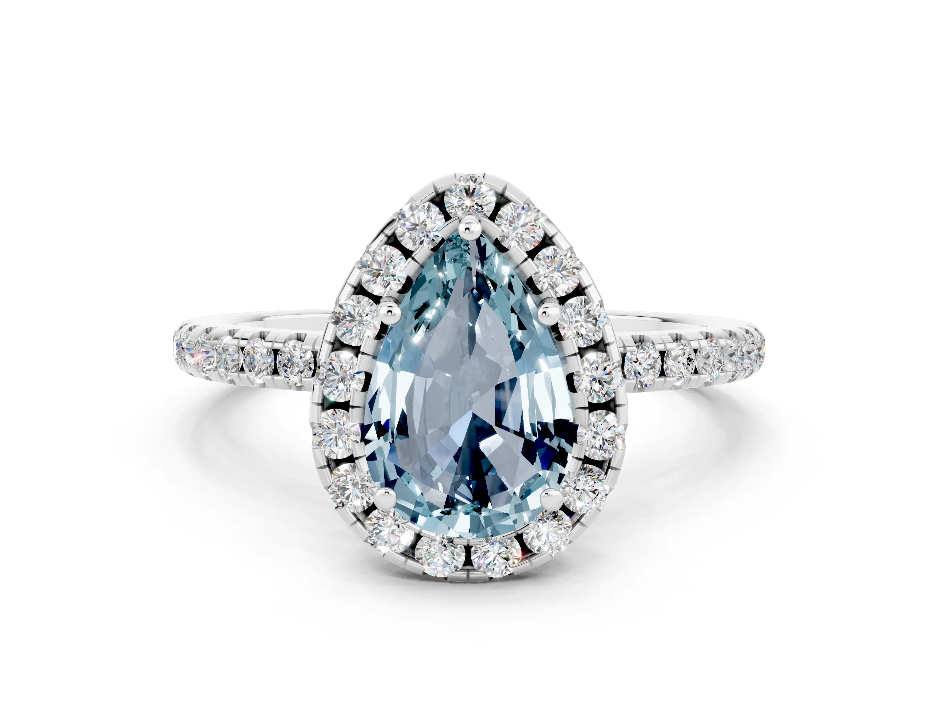 White gold Pear Cut Cut Diamond Floral Halo Engagement Ring with Pavé Band and Prong Setting