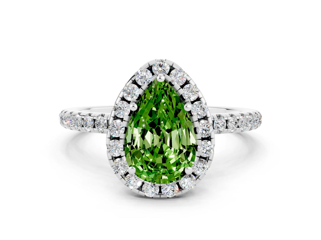 White gold Pear Cut Cut Diamond Floral Halo Engagement Ring with Pavé Band and Prong Setting