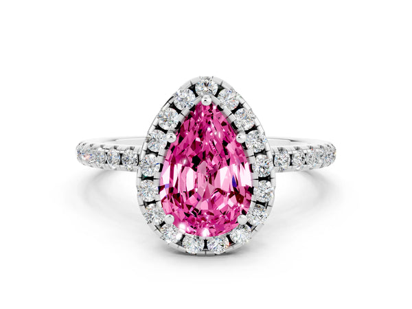 Platinum Pear Cut Cut Diamond Floral Halo Engagement Ring with Pavé Band and Prong Setting