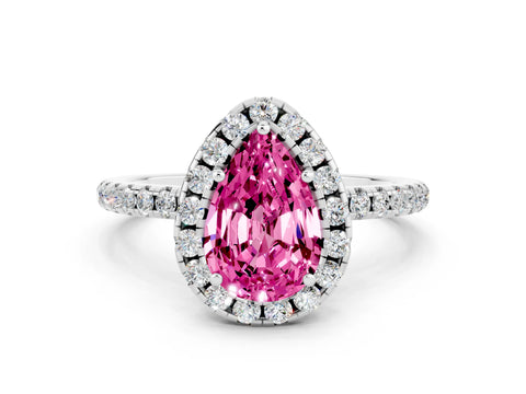 White gold Pear Cut Cut Diamond Floral Halo Engagement Ring with Pavé Band and Prong Setting