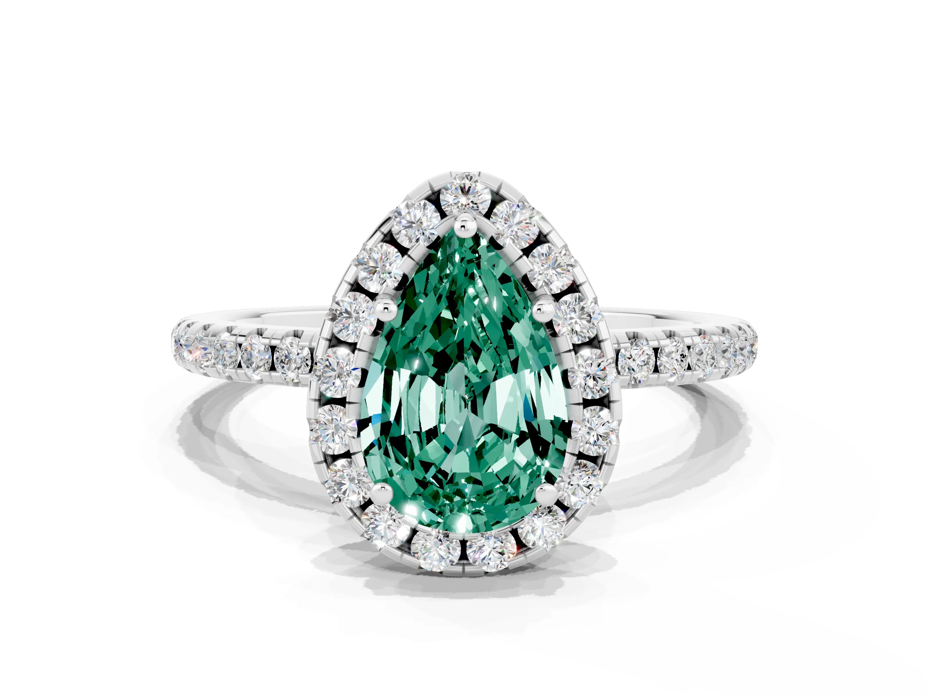 White gold Pear Cut Cut Diamond Floral Halo Engagement Ring with Pavé Band and Prong Setting