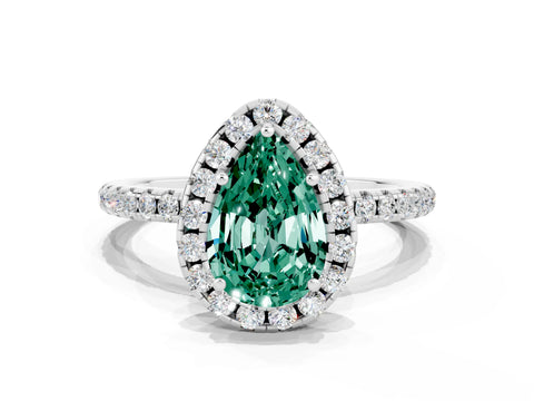 White gold Pear Cut Cut Diamond Floral Halo Engagement Ring with Pavé Band and Prong Setting