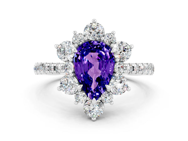 White gold Pear Cut Tanzanite Floral Halo Ring with Round Pavé Band and Prong Setting